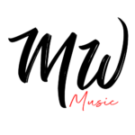 Red cursive Music text on black background