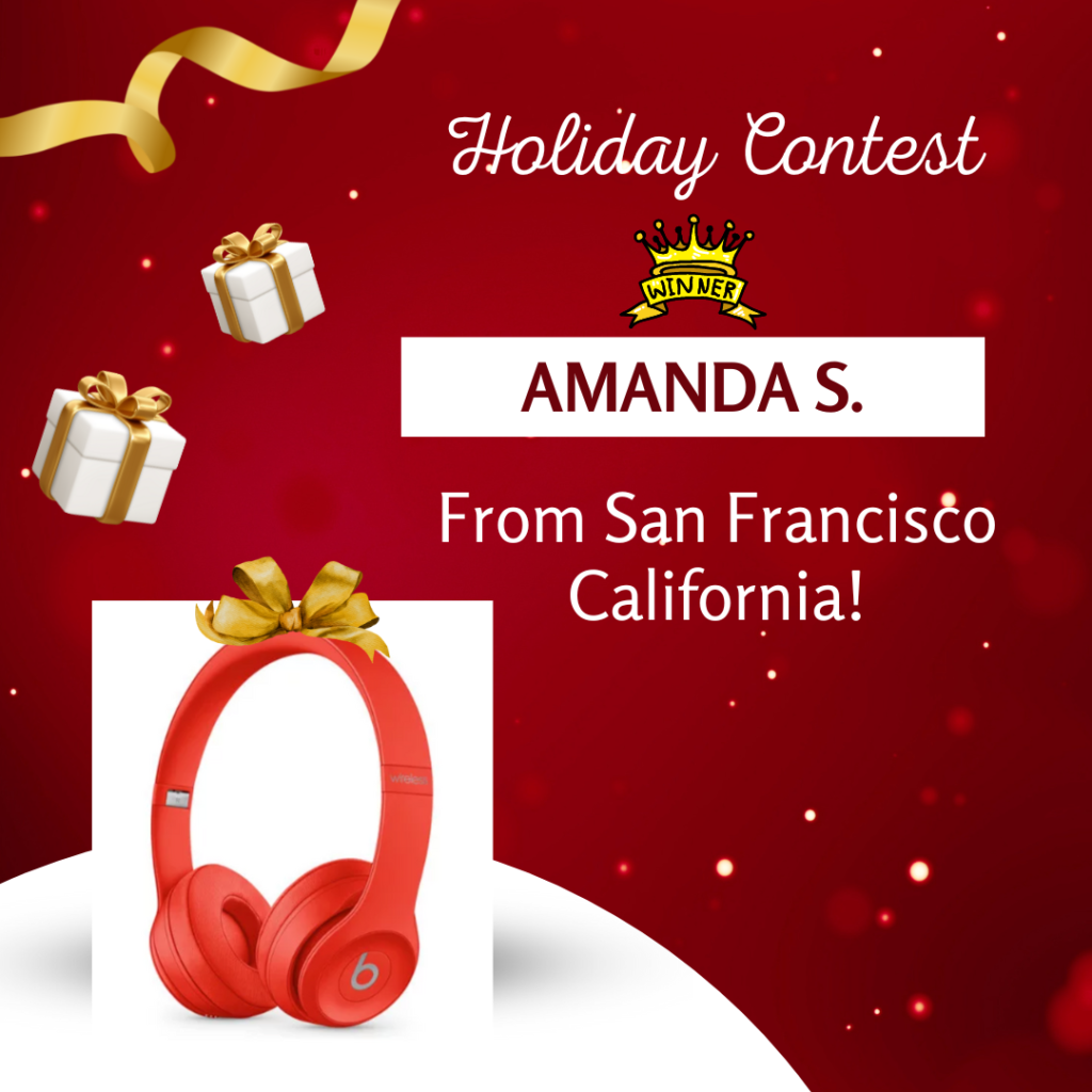 Holiday contest winner announcement with red headphones