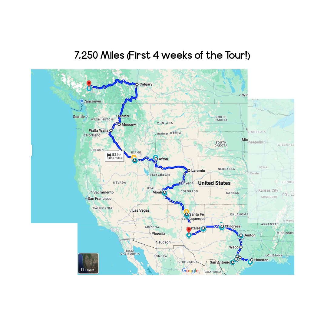 Map of 7,250-mile U.S. road tour