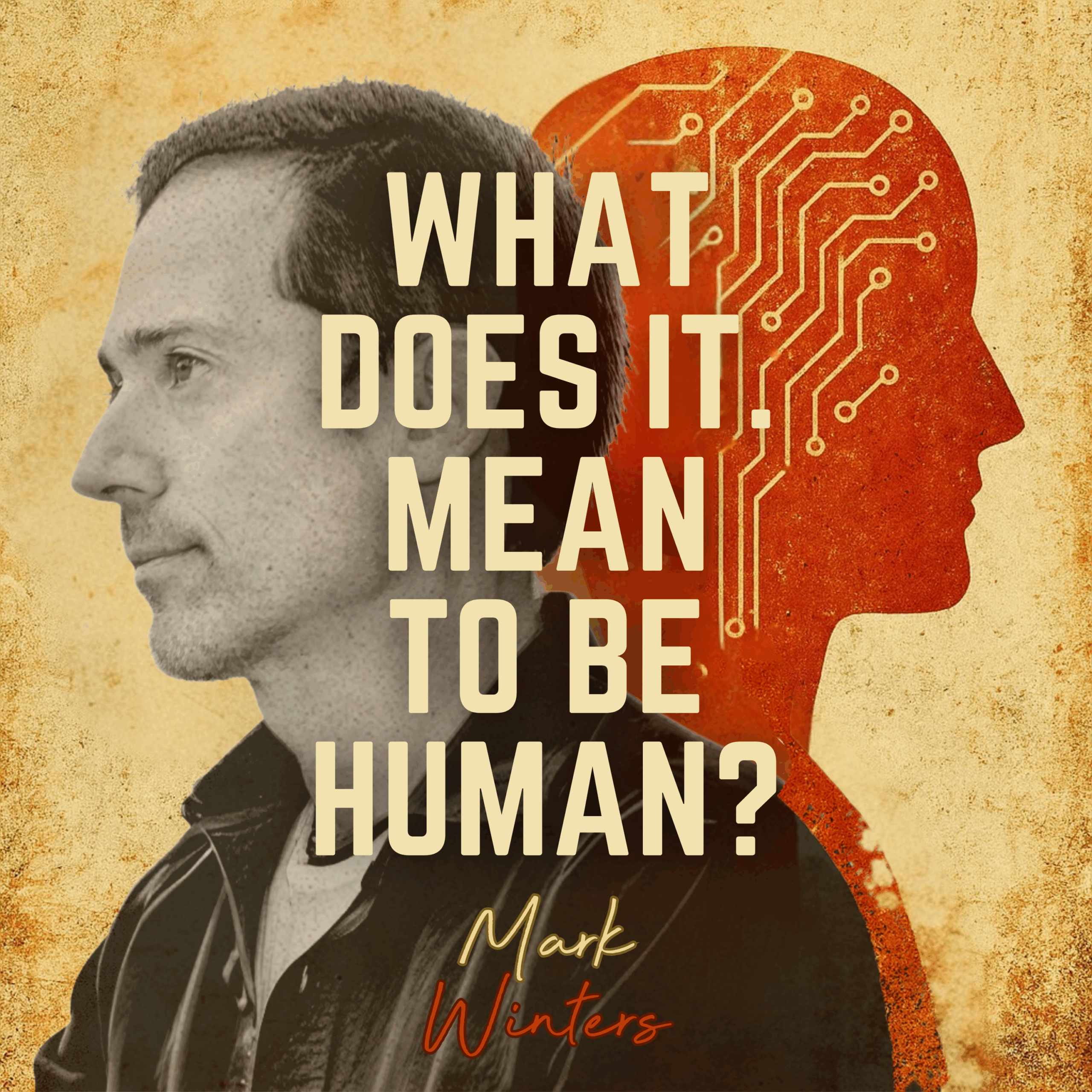 Man beside red circuit brain silhouette