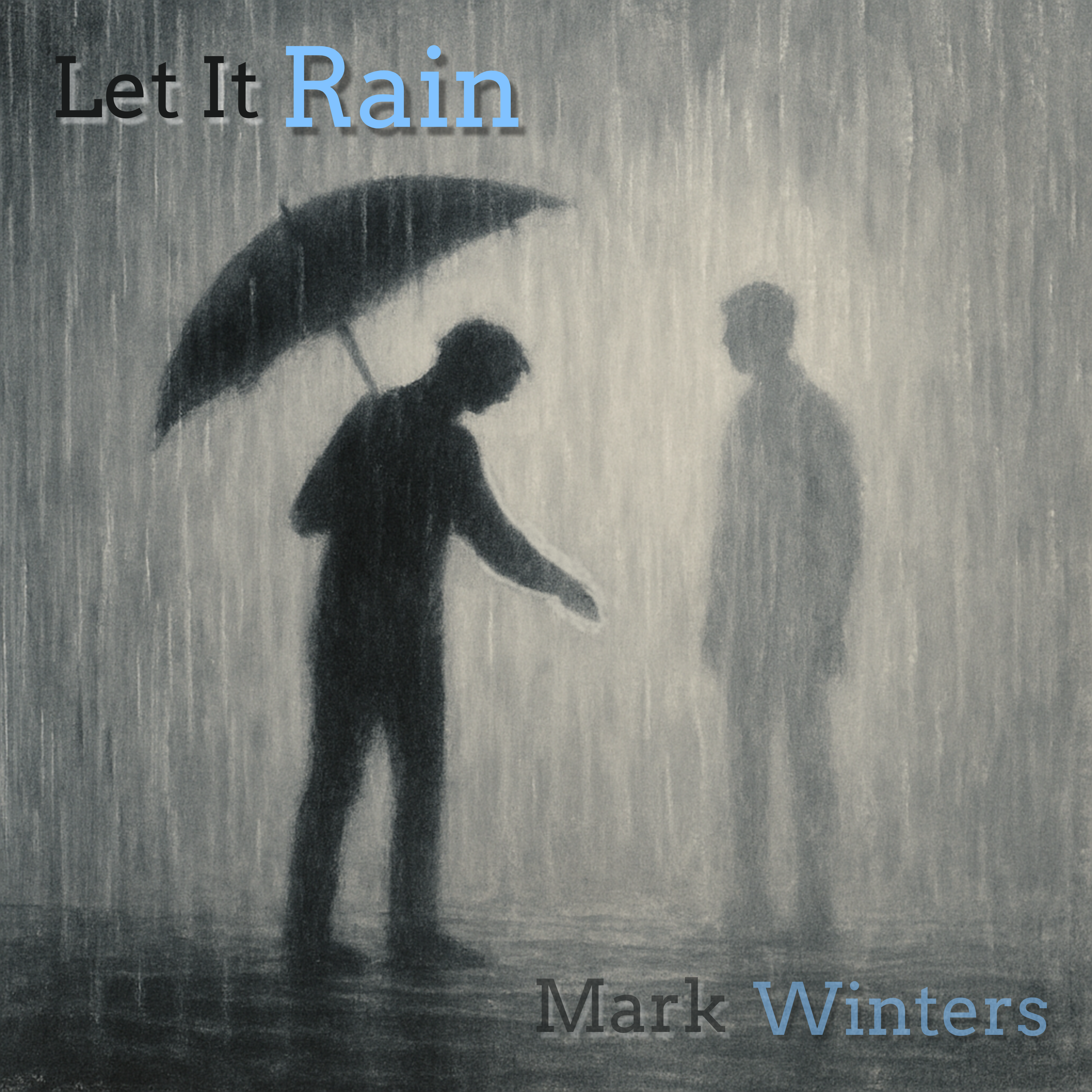 Two silhouettes in rain, one holding umbrella