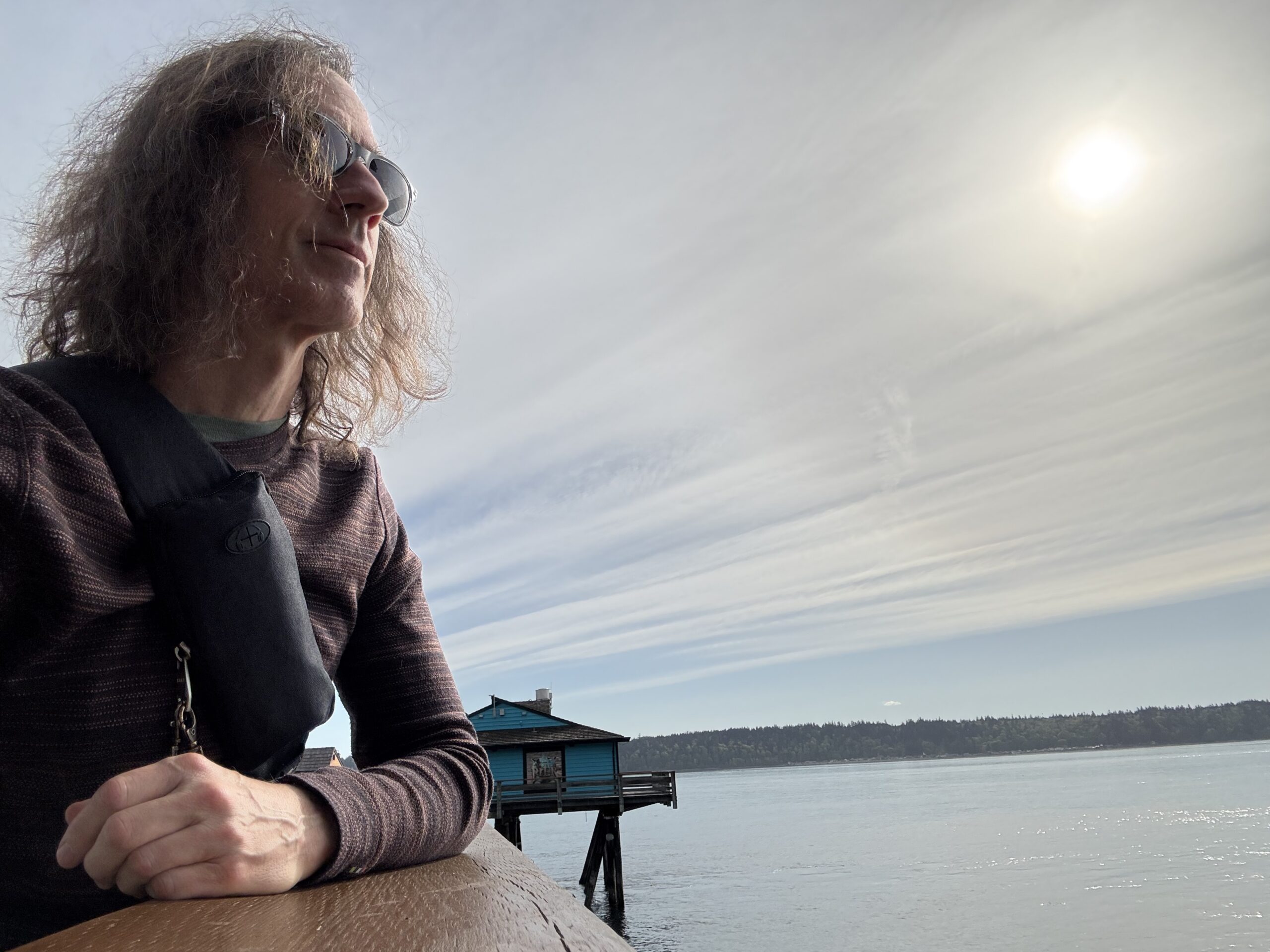 Person with sunglasses overlooking waterfront pier